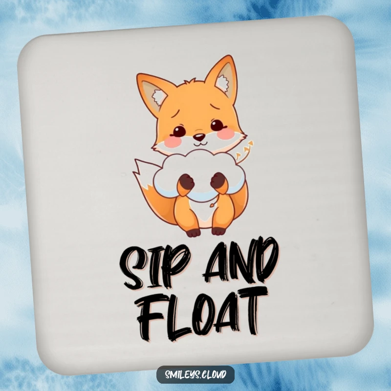 Funny drink coaster with a happy fox holding a fluffy cloud as a balloon, adding whimsical charm to any table.