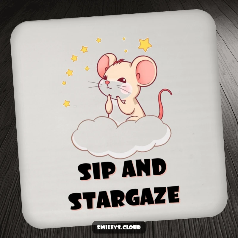 Funny drink coaster featuring a pensive mouse looking at stars from a cloud, providing surface protection with a whimsical touch.