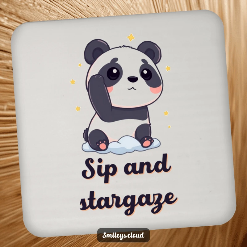 Funny panda coaster featuring a curious panda gazing at stars from a cloud, a humorous and functional home accessory.