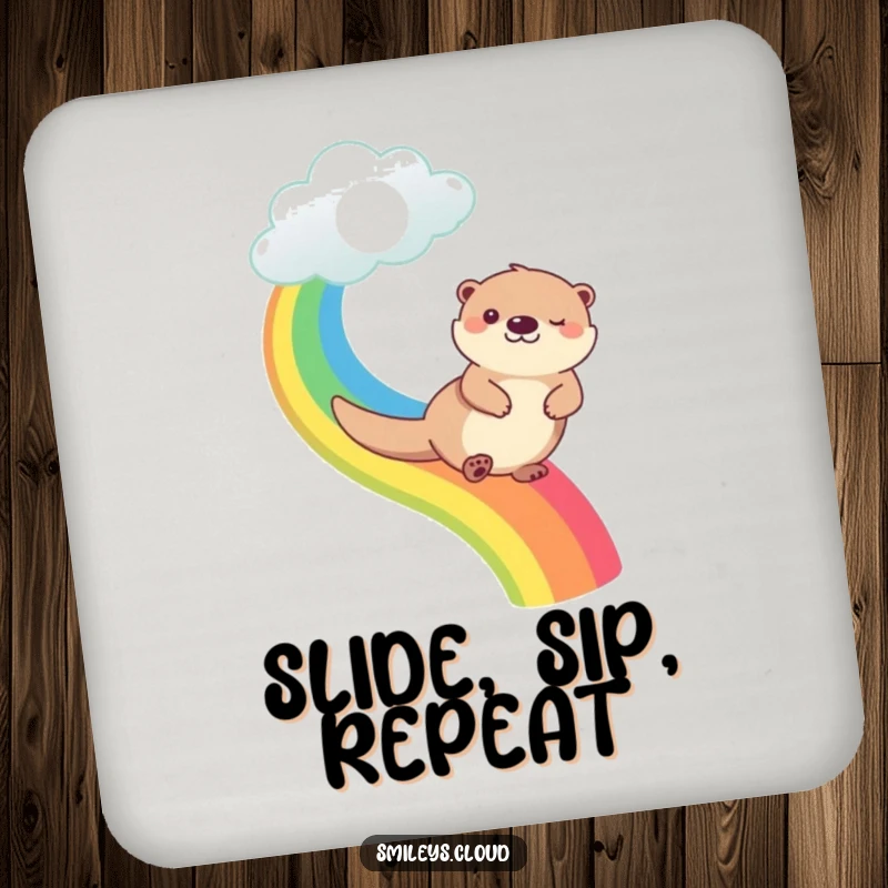 Funny happy otter sliding down a vibrant rainbow from a cloud, featured on a drink coaster for a touch of joy.