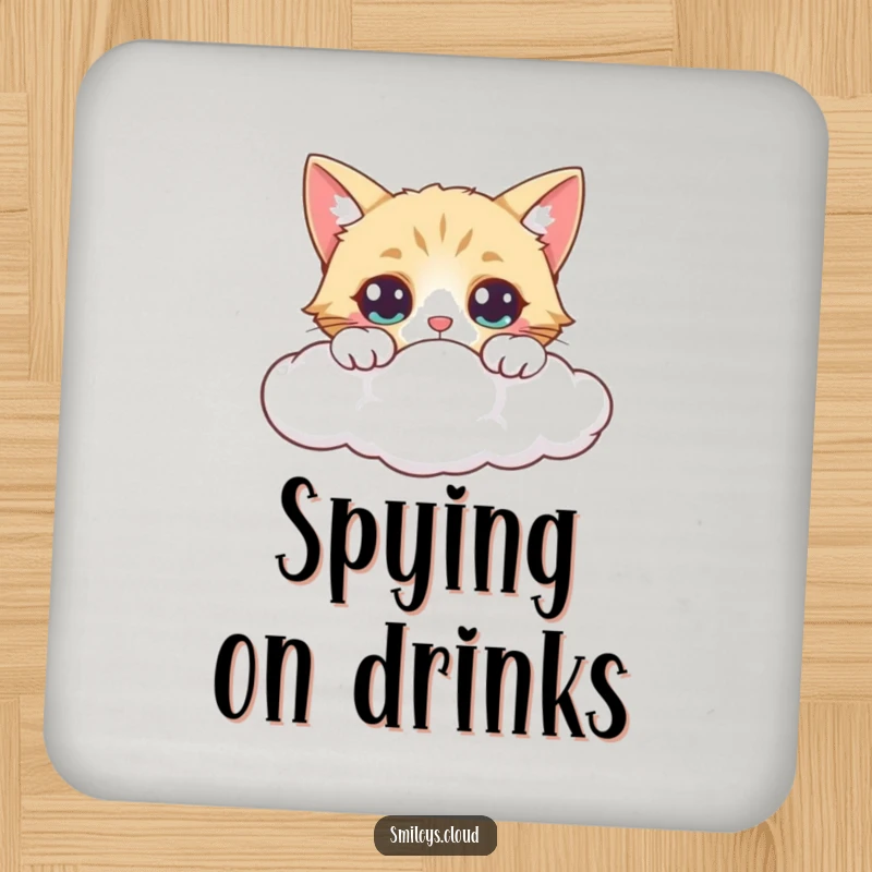 Funny drink coaster showing a curious cat peeking over a cloud, eyes wide with wonder and a playful expression.