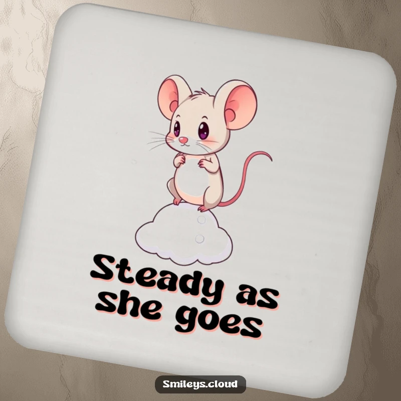 Funny drink coaster with a brave mouse determinedly balancing on a tiny cloud, adding a touch of motivational humor.
