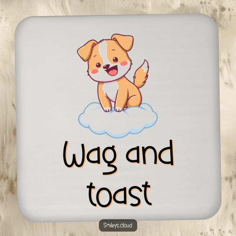 Funny cheerful dog wagging its tail on a cloud, featured on a drink coaster for a touch of fun.