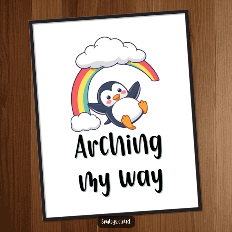 Funny Penguin Poster: A playful penguin slides down a rainbow from a cloud, creating vibrant and humorous wall art, a perfect gift.