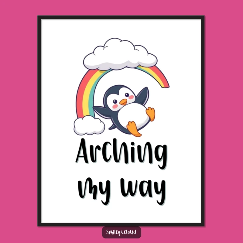 Funny Penguin Poster: Playful Rainbow Slide Art - Joyful Wall Decor Gift!