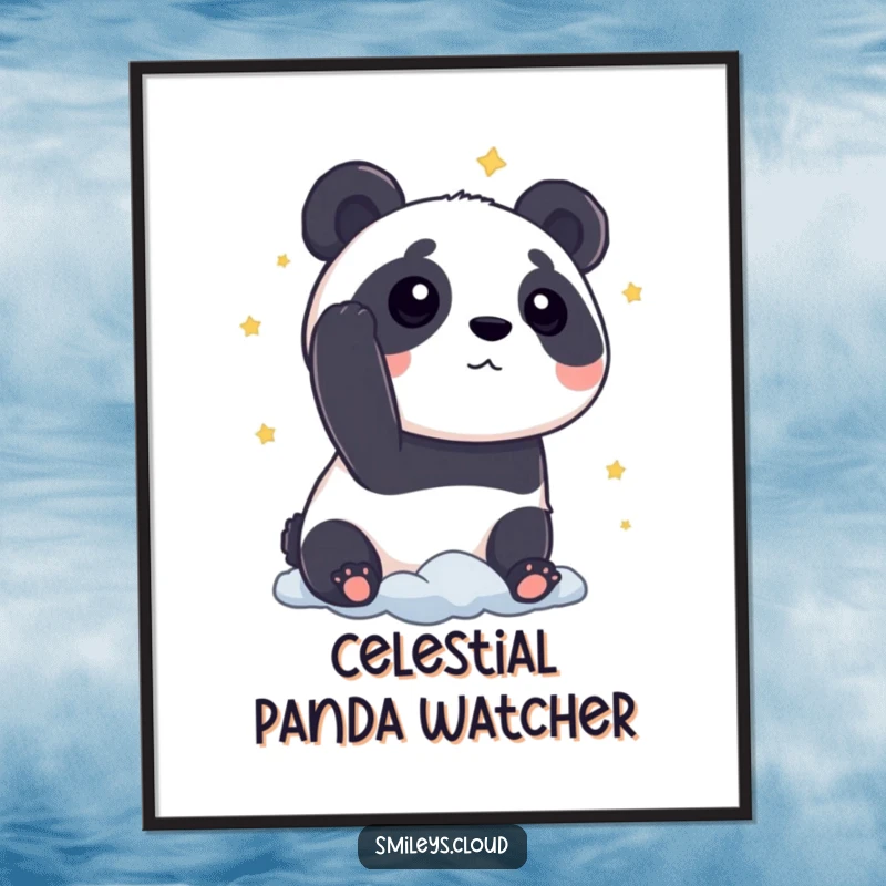 Funny panda poster of a curious panda gazing at stars from a cloud, a humorous and enchanting piece of wall art.