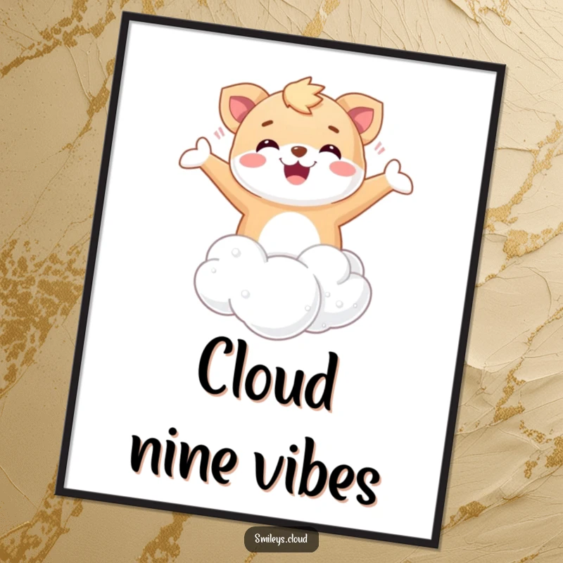 Funny Floating Animal Poster: A happy animal floating weightlessly on a soft cloud with arms open in blissful freedom.