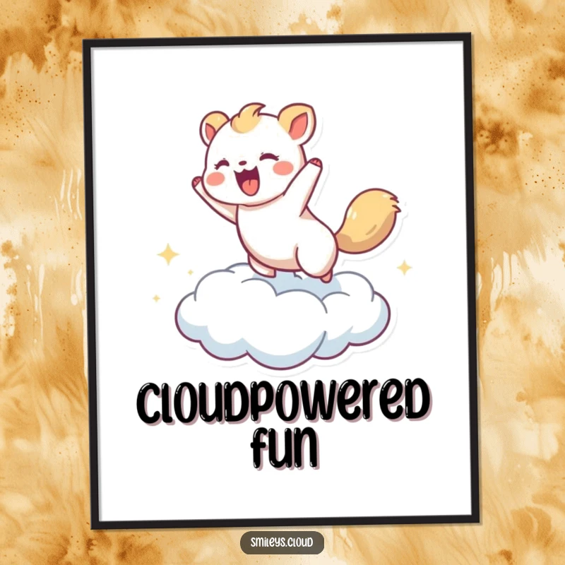 Funny poster artwork of an energetic animal mid-bounce on a fluffy cloud, conveying happiness and playful motion.
