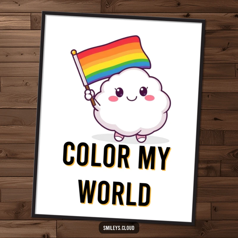 Funny poster print of a smiling cloud critter vigorously waving a bright, multi-colored rainbow flag with enthusiasm.