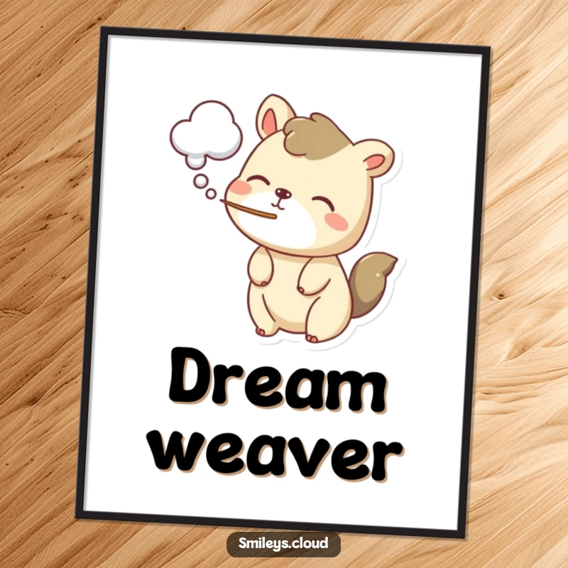 Funny poster featuring a playful animal creating a soft cloud of air, embodying a lighthearted and charming artistic expression.