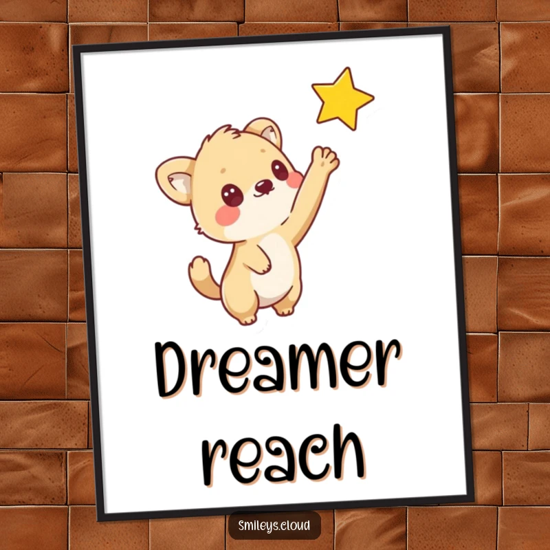 Funny poster featuring a curious animal stretching out its paw to touch a twinkling star, full of innocent wonder.