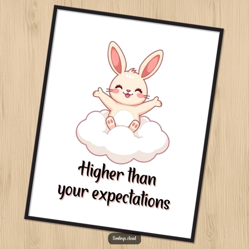 Funny cute bunny floating happily on a fluffy cloud, arms outstretched, large poster art.