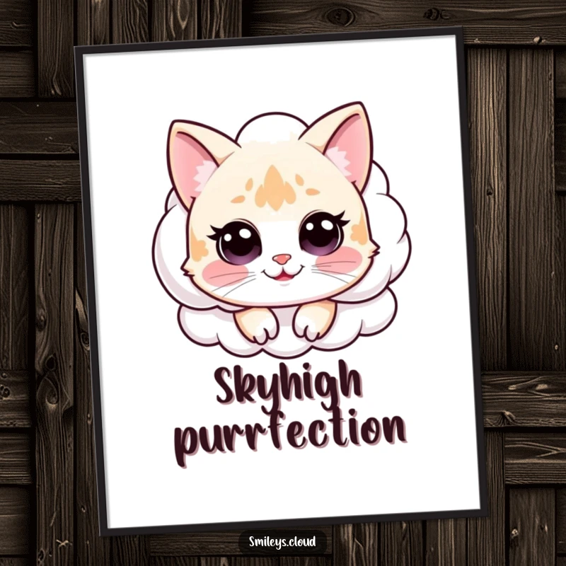 Funny artwork poster of a happy cat peeking over a soft white cloud, creating a funny, serene visual.
