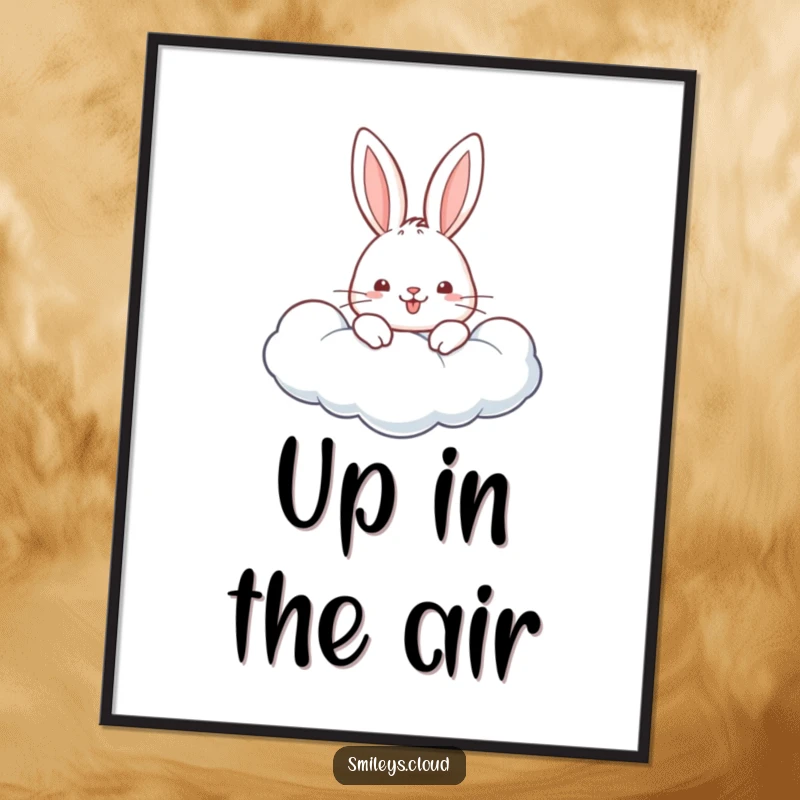 Funny poster print of a cheerful rabbit peeking over the edge of a soft, white cloud, looking happy and playful.