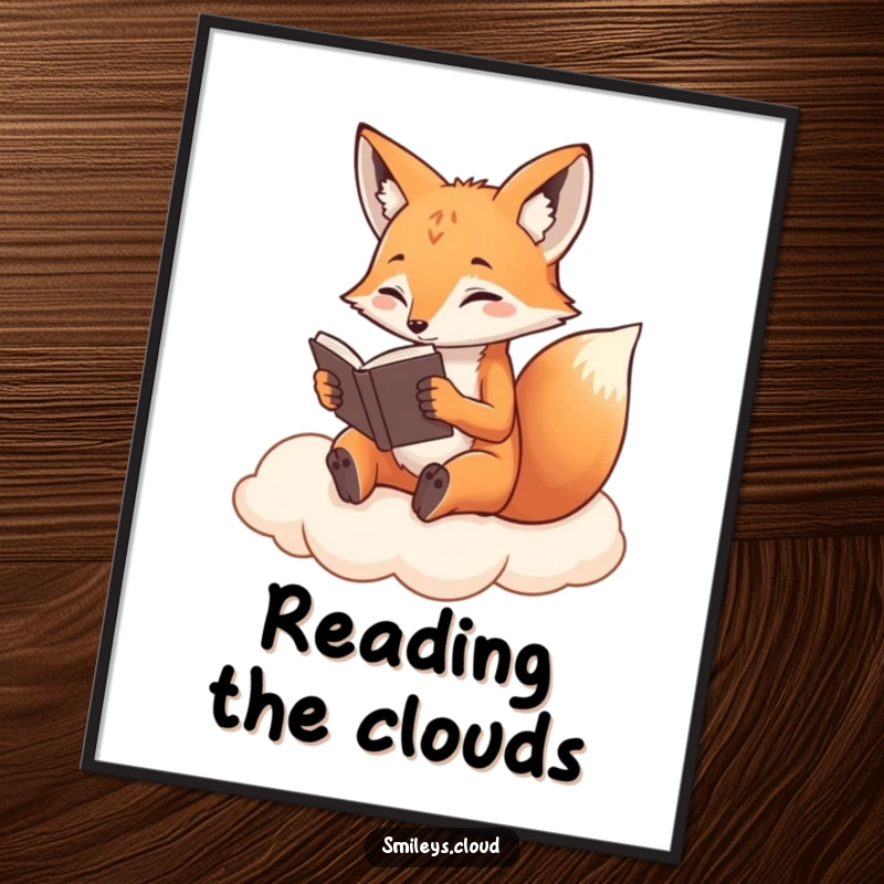 Funny Fox Poster: A determined fox sits on a cloud, reading a book, creating intellectual and humorous wall art, a perfect gift.