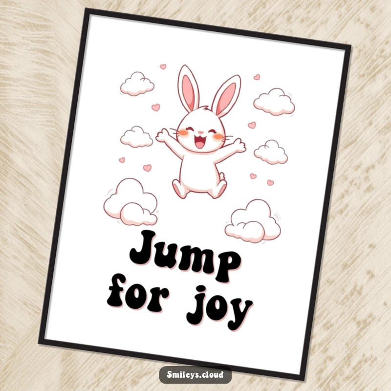 Funny poster features a happy rabbit joyfully leaping between scattered clouds, arms outstretched in an expression of pure delight.