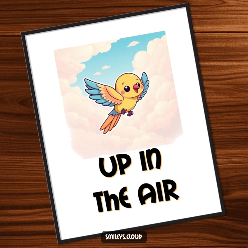 Funny parrot character dancing through a sky full of clouds, depicted with vibrant colors on this humorous poster.