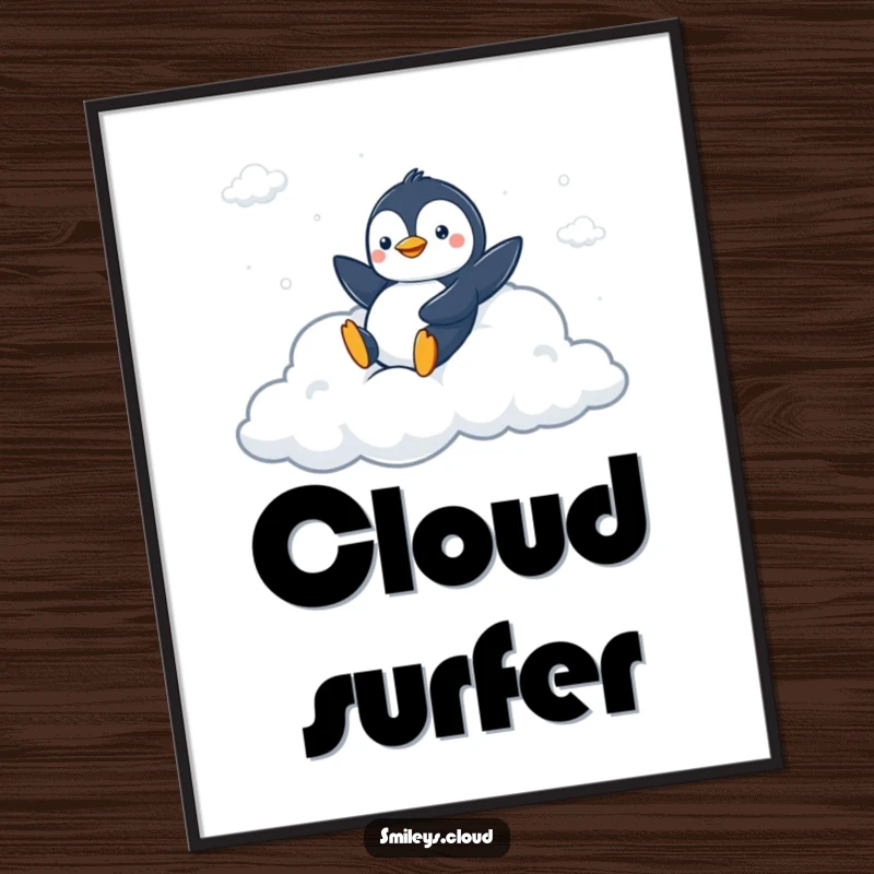 Funny poster art of a peppy penguin sliding down a fluffy cloud slide, bringing energetic fun and humor to any room.