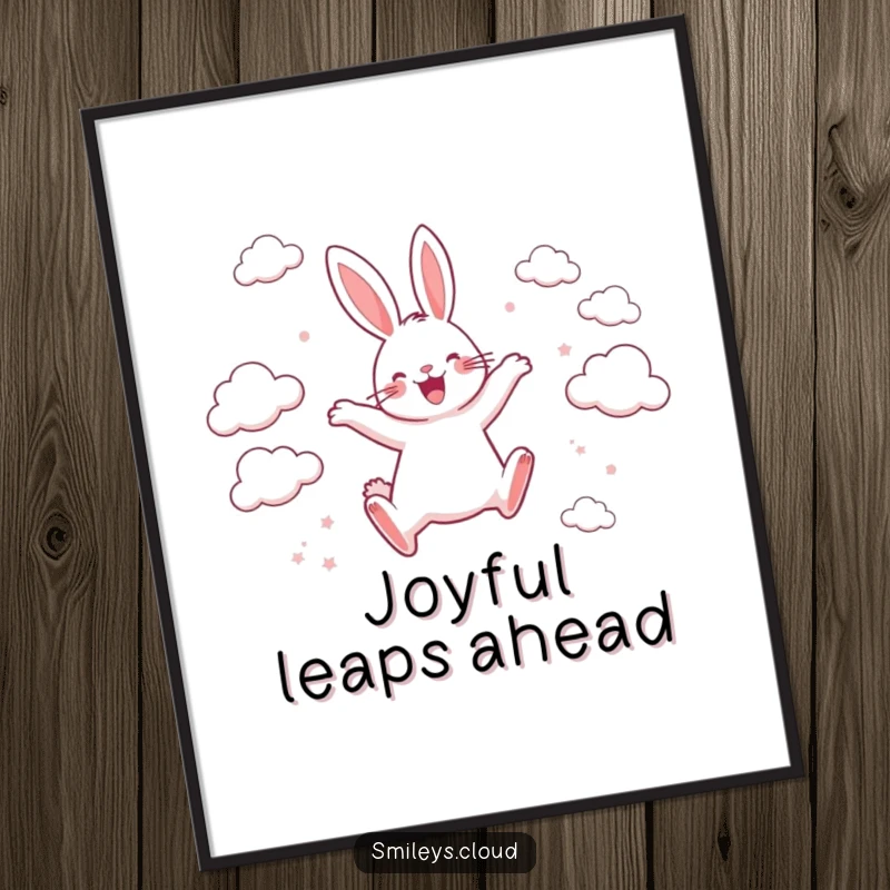 Funny poster showing a happy rabbit joyfully leaping between scattered clouds, embodying pure exhilaration and a love for life.