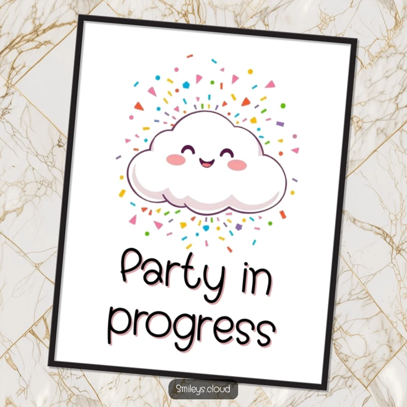 Funny poster illustrating a smiling cloud joyfully showering colorful confetti, creating a vibrant and celebratory atmosphere.
