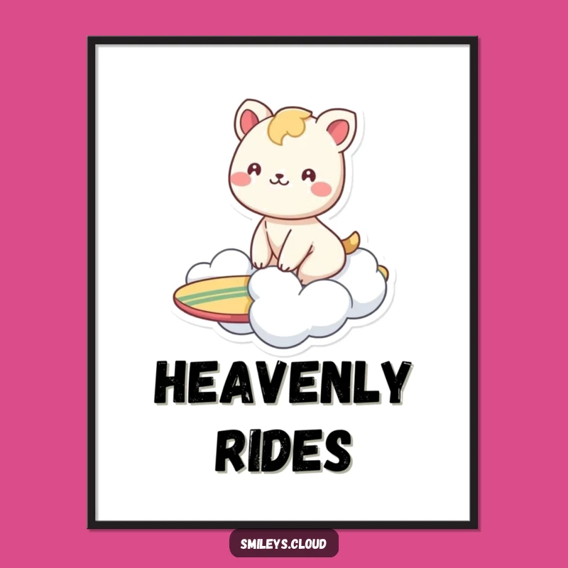 Funny Animal Cloud Surf Poster: Joyful Cartoon Art for Happy Walls