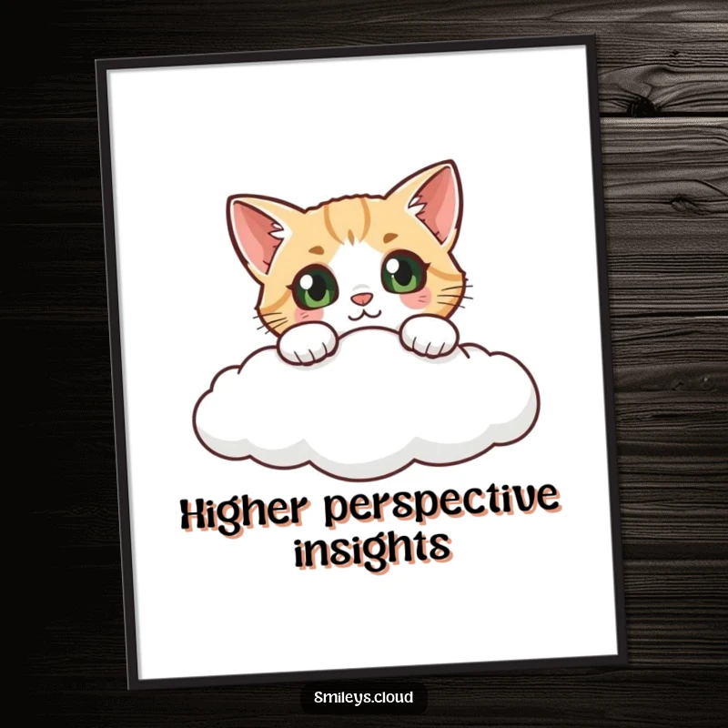 Funny cat poster, a curious cat with wide eyes playfully peeking over a cloud, adding whimsical charm to any wall.