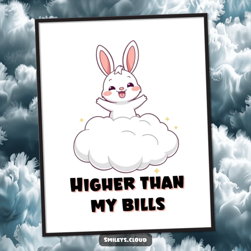 Funny grinning bunny joyfully bouncing on a fluffy cloud, presented as humorous wall art.
