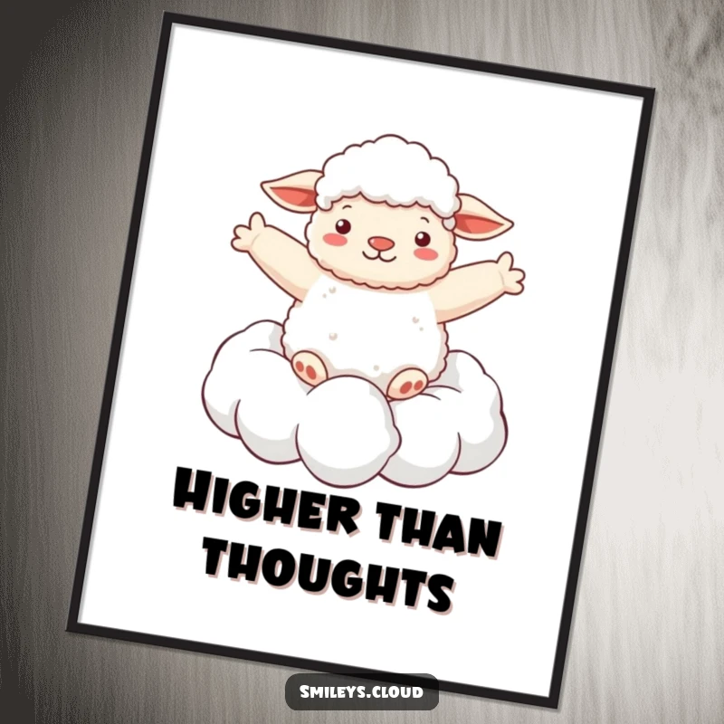Funny poster showing a fluffy sheep blissfully floating on a cloud with its arms spread wide, radiating peace and whimsical joy.