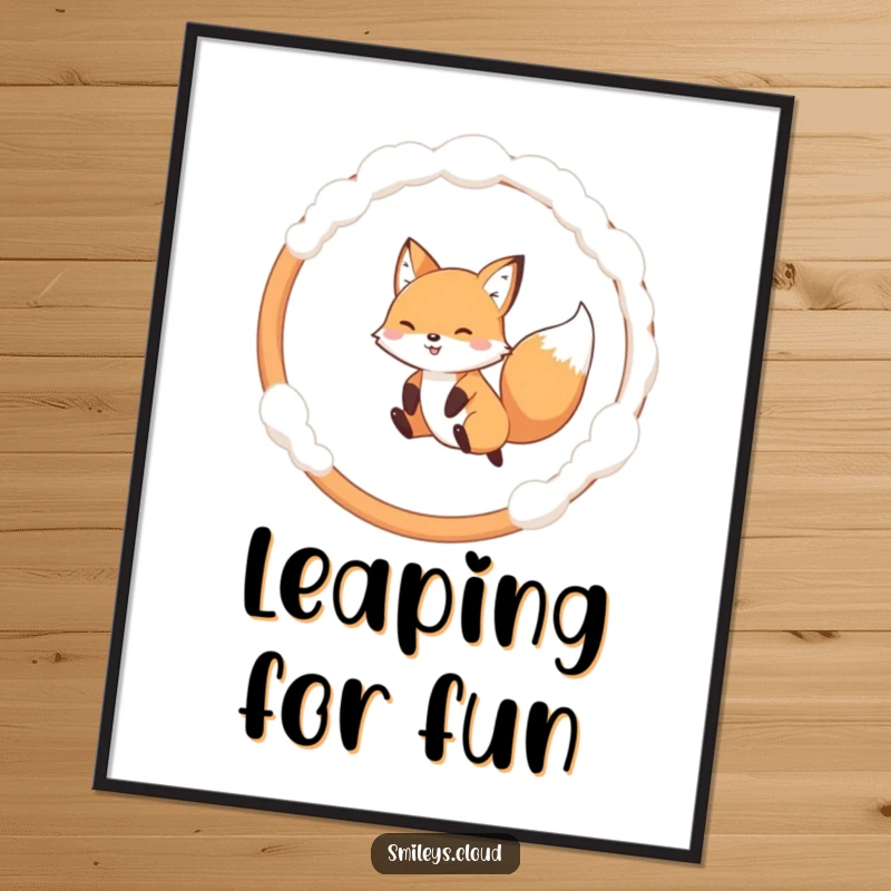 Funny poster art depicting a lively fox mid-jump through a cloud hoop, celebrating agility and fun.