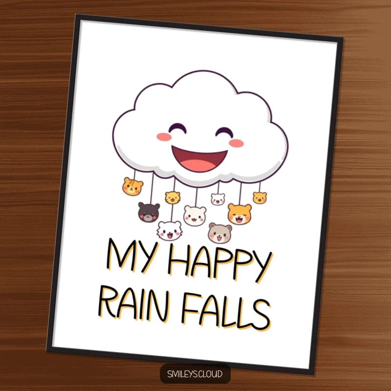 Funny poster art of a grinning cloud character joyfully raining down small, happy animal faces, creating a cheerful atmosphere.