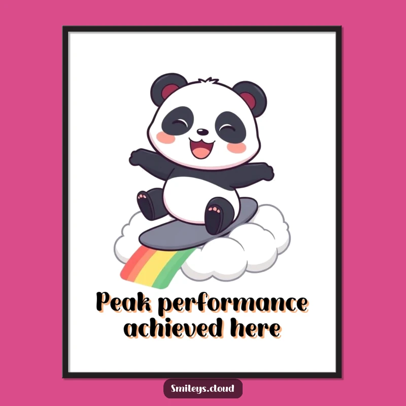 Funny Panda Surfing Rainbow Cloud Poster - Whimsical Wall Art Gift