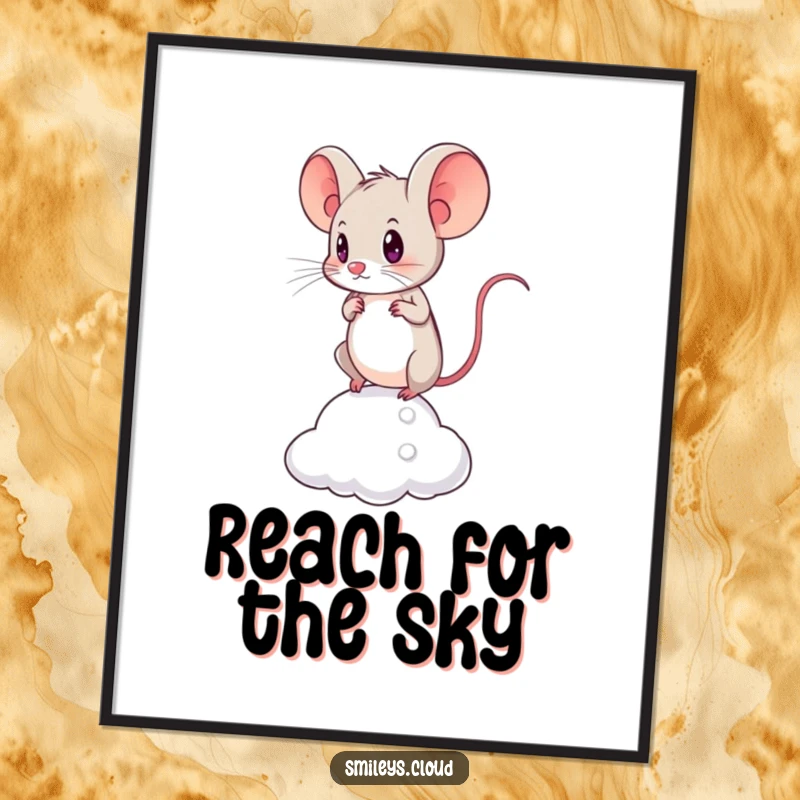 Funny poster featuring a brave mouse with a determined expression, balancing with incredible focus on a tiny cloud.