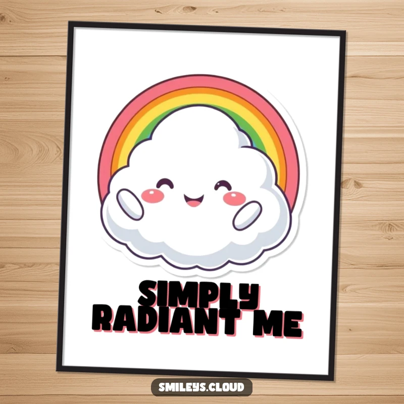 Funny poster art of a proud cloud character joyfully holding a bright rainbow, radiating happiness and warmth.