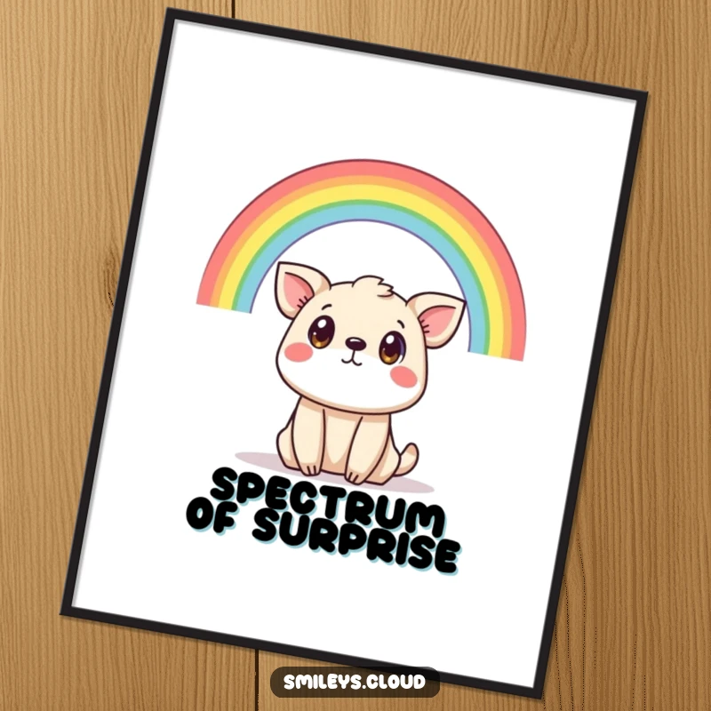 Funny poster artwork of a startled animal observing a magnificent rainbow, evoking feelings of awe and amusement.