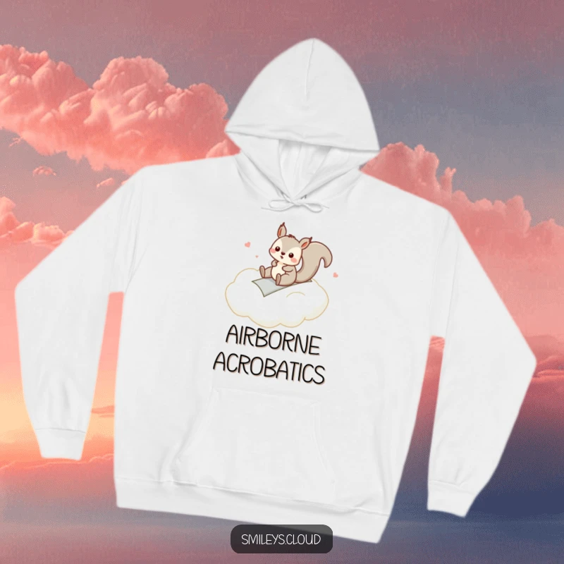 Funny hoodie featuring a silly squirrel sliding down a cloud, symbolizing carefree fun and cozy warmth.