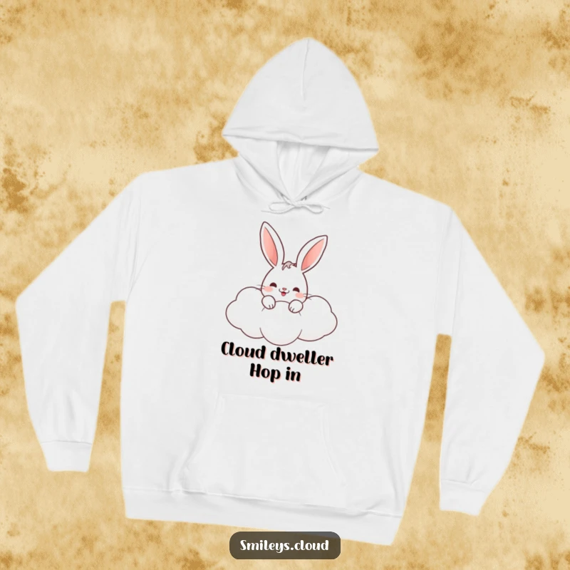 Funny rabbit hoodie featuring a cute bunny peeking from a soft, dreamy cloud, offering warmth and joy.