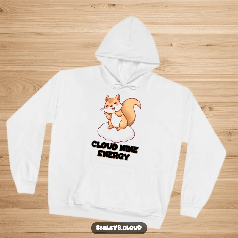 Funny Squirrel hoodie featuring a giggling squirrel mid-flip on a cloud cushion, offering comfort and a dash of whimsical fun.