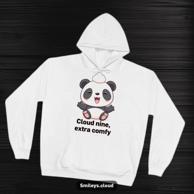 Funny hoodie showcasing a serene panda balancing a miniature cloud on its head, perfect for cozy, humorous moments.