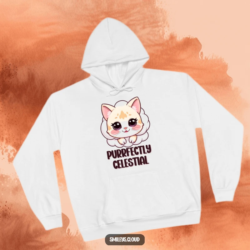 Funny and warm hoodie depicting a happy cat peeking over a fluffy cloud, ideal for a funny, comfortable experience.