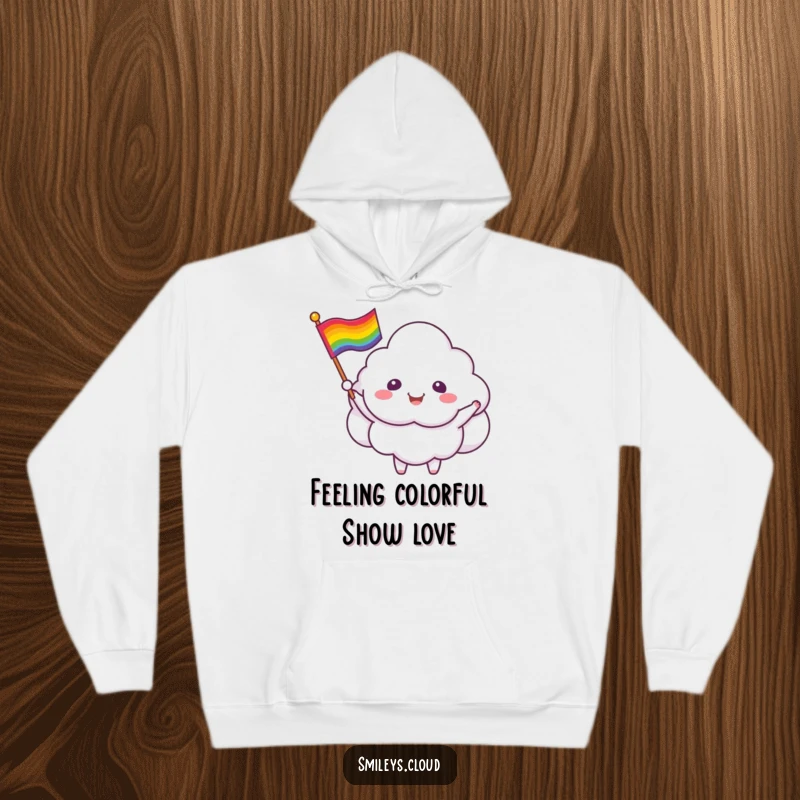 Funny cloud critter hoodie featuring a happy, smiling cloud waving a rainbow flag, offering comfort and inclusivity.