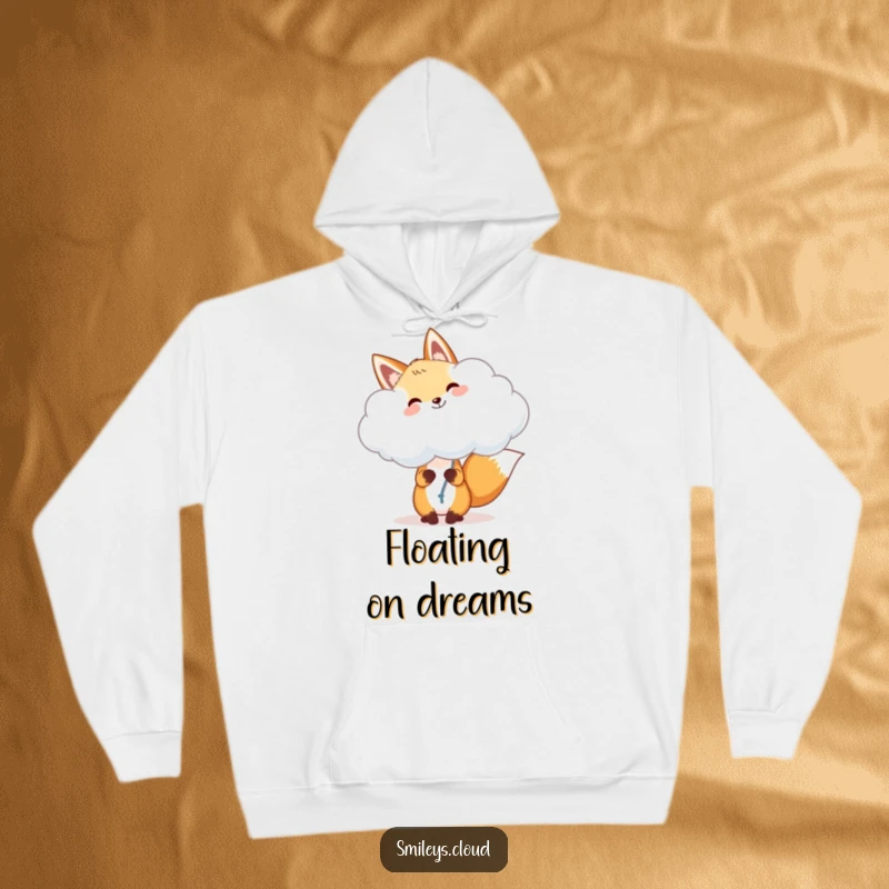 Funny fox hoodie, a cheerful fox holding a fluffy cloud like a balloon, offering cozy comfort and whimsical delight.