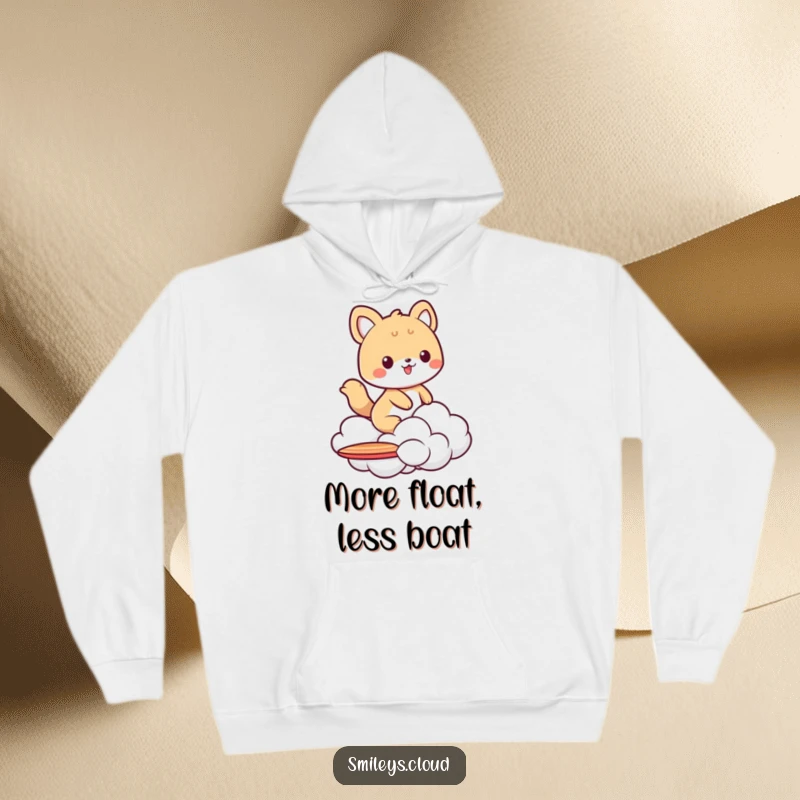 Funny hoodie with an animal character confidently surfing on a small cloud, offering warmth and a humorous, adventurous vibe.