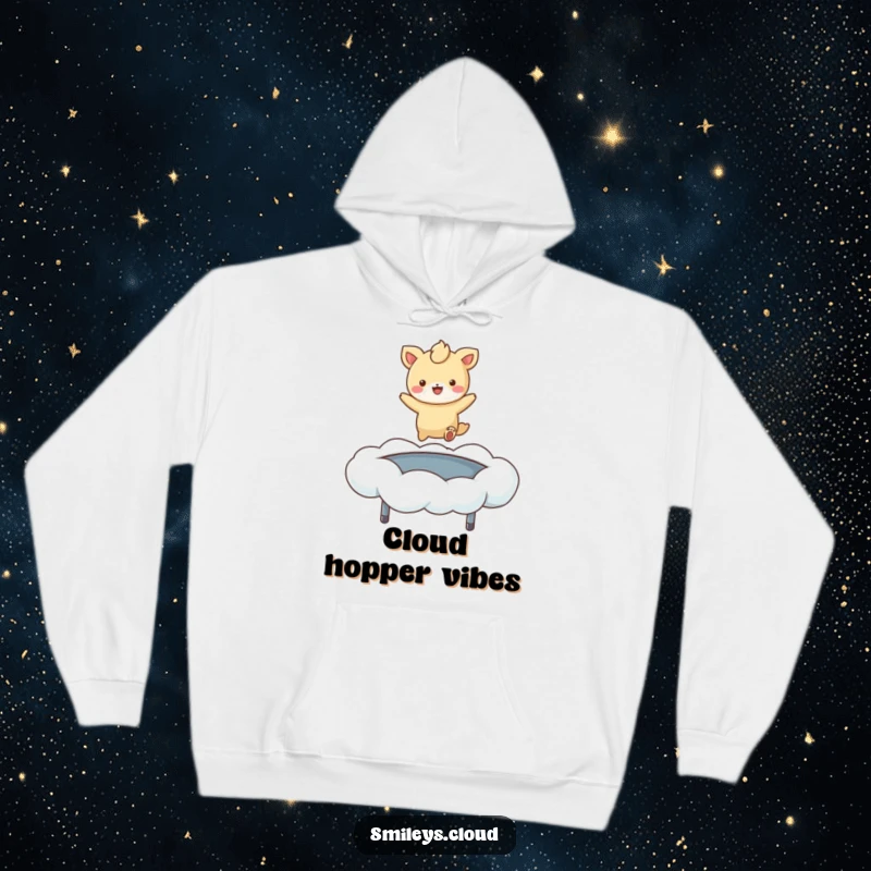 Funny hoodie featuring a blissful cartoon animal having the time of its life, bouncing high on a whimsical cloud trampoline.