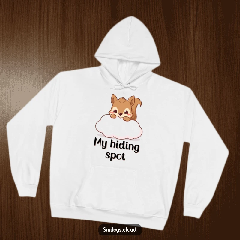Funny squirrel peeking from behind a fluffy cloud, printed on a cozy hoodie for ultimate comfort and humor.