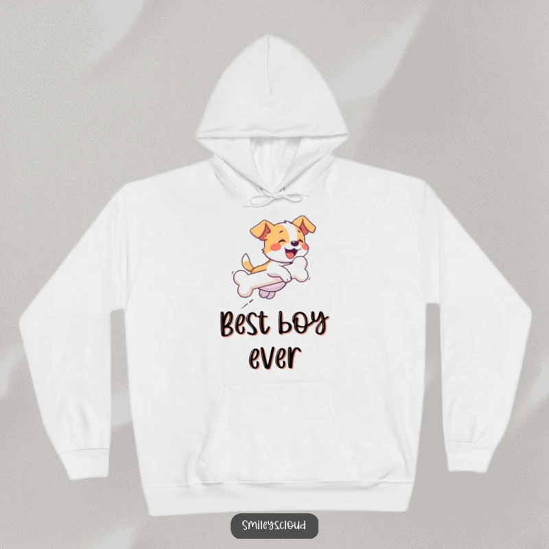 Funny hoodie featuring a giggling dog chasing a cloud shaped like a bone, combining warmth with playful doggy delight.