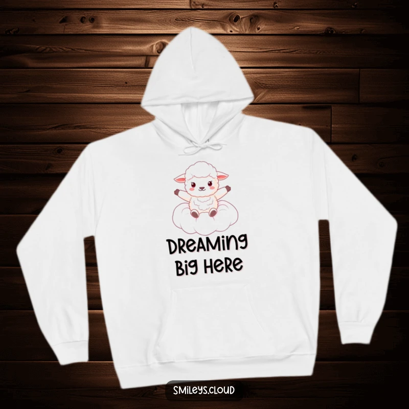 Funny hoodie with a fluffy sheep floating serenely on a cloud, arms spread wide in blissful contentment.