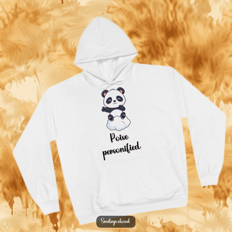 Funny hooded sweatshirt with a determined panda balancing precariously on a cloud, offering comfort and a dose of humor.