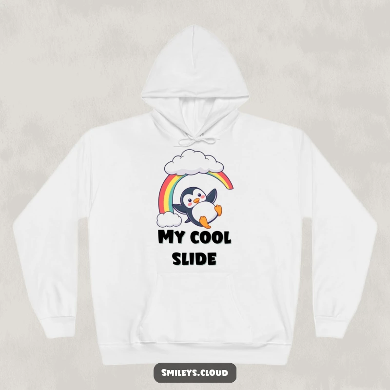 Funny Penguin Hoodie: A playful penguin slides down a rainbow from a cloud, offering cozy comfort and humorous charm, a perfect gift.