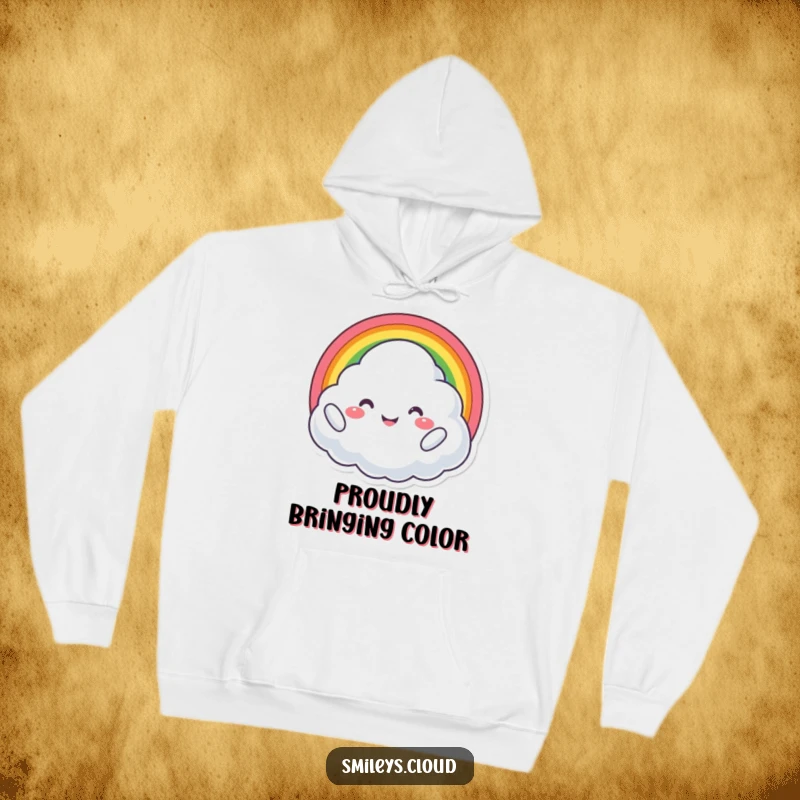Funny hoodie print of a proud cloud character holding a vibrant rainbow, beaming with pure, unadulterated joy.