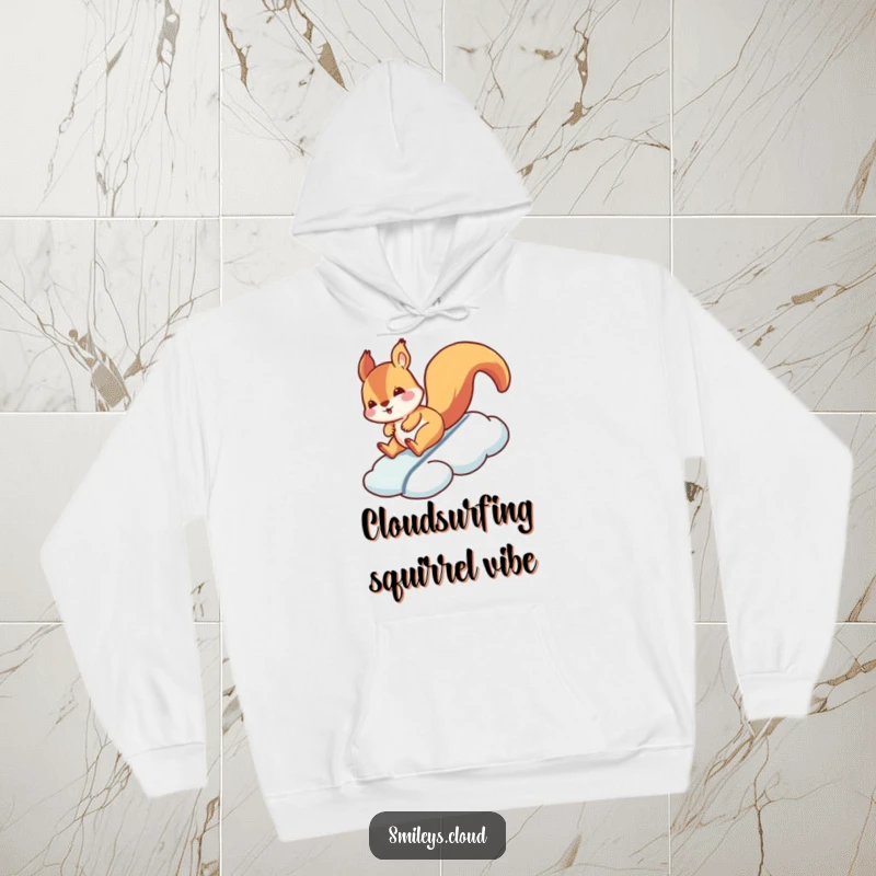 Funny squirrel hoodie featuring a silly squirrel sliding down a cloud, a humorous and warm design.